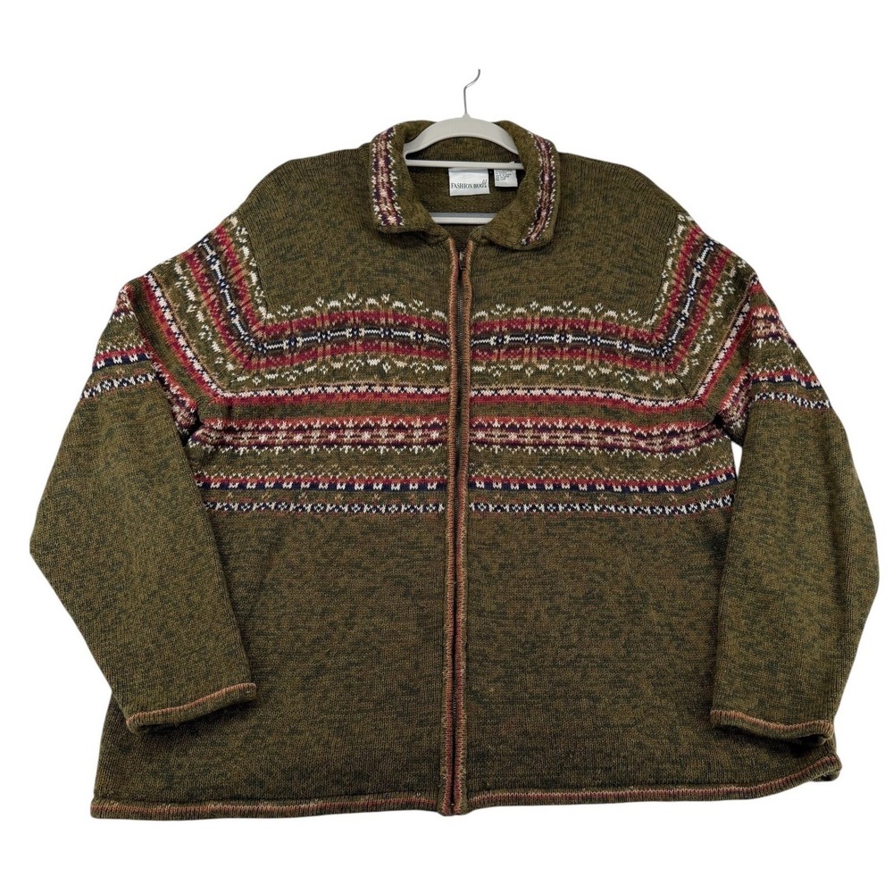 Vintage Fashion Bug Y2K Fair Isle Nordic Full Zip Olive Sweater Women Plus 22/24